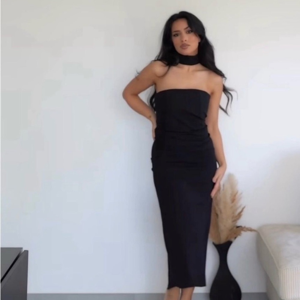 Zara Black Strapless Midi Dress with Choker Detail
